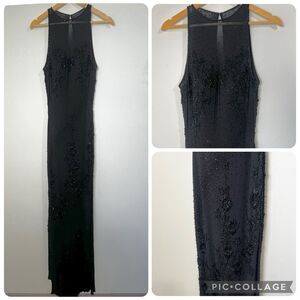 Mike Benet Formals Vintage Dress Black Beaded Floral Racerback Maxi Women’s 14